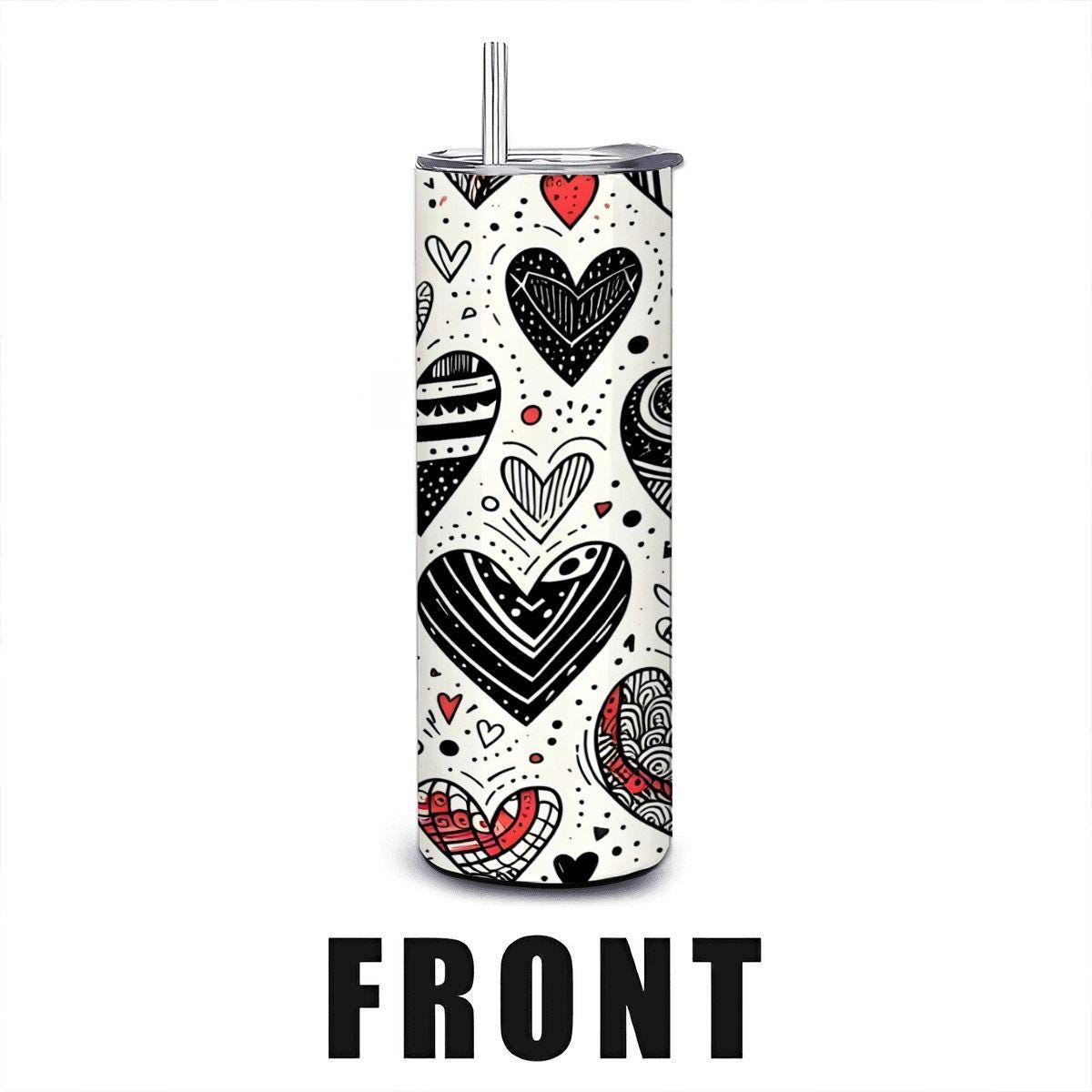 ColorFlow | Hand Drawn Hearts Doodle Tumbler | 20oz Stainless Steel Tumbler with Straw | Love Heart Art Gift Mug