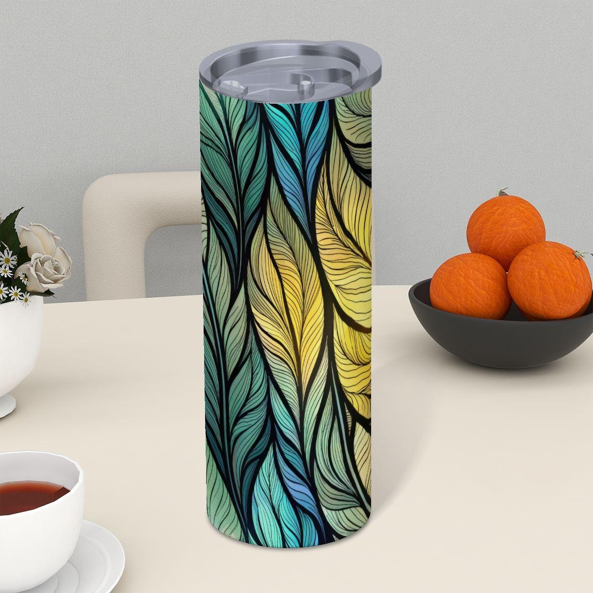 ColorFlow | Prism Petal Lattice 20oz Skinny Stainless Steel Tumbler with Straw | Teal Coral Geometric Floral Art